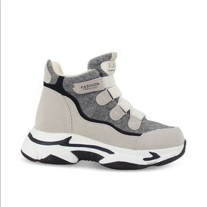 Fur Lined High Top Thick Sole Winter Sneaker in Light Beige Faux Suede, Women’s